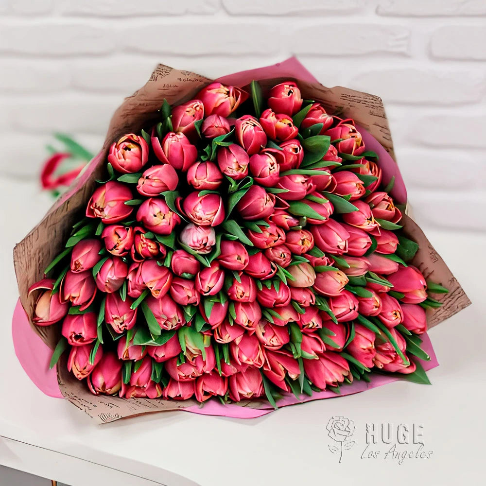 100 Double Tulips Wrapped Bouquet