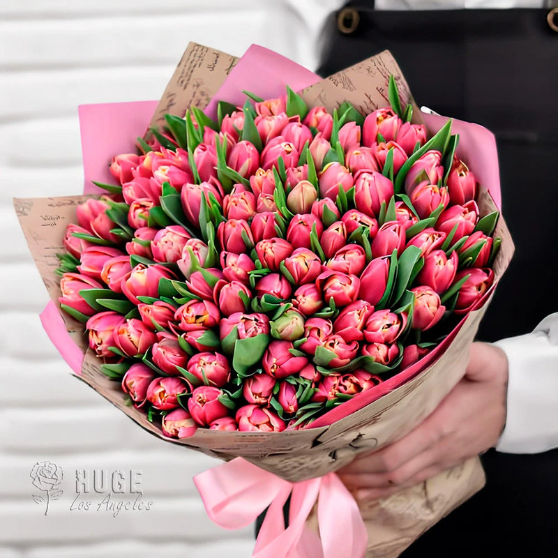 100 Double Tulips Wrapped Bouquet