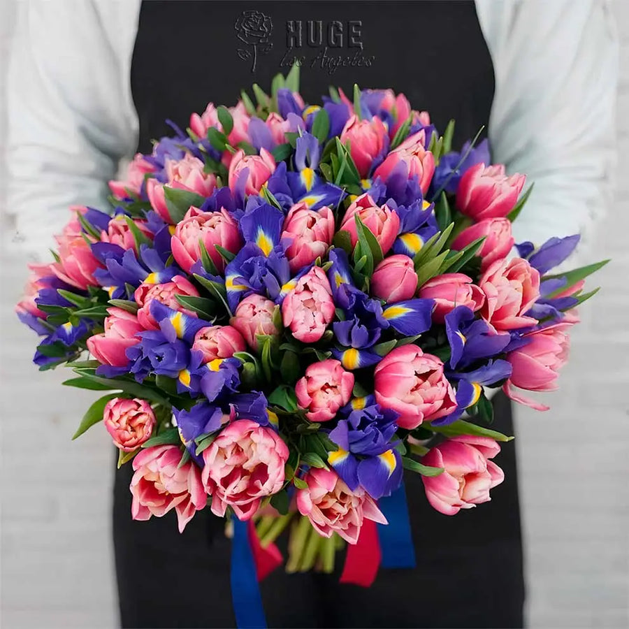 Pink and Red Tulips with Iris Bouquet