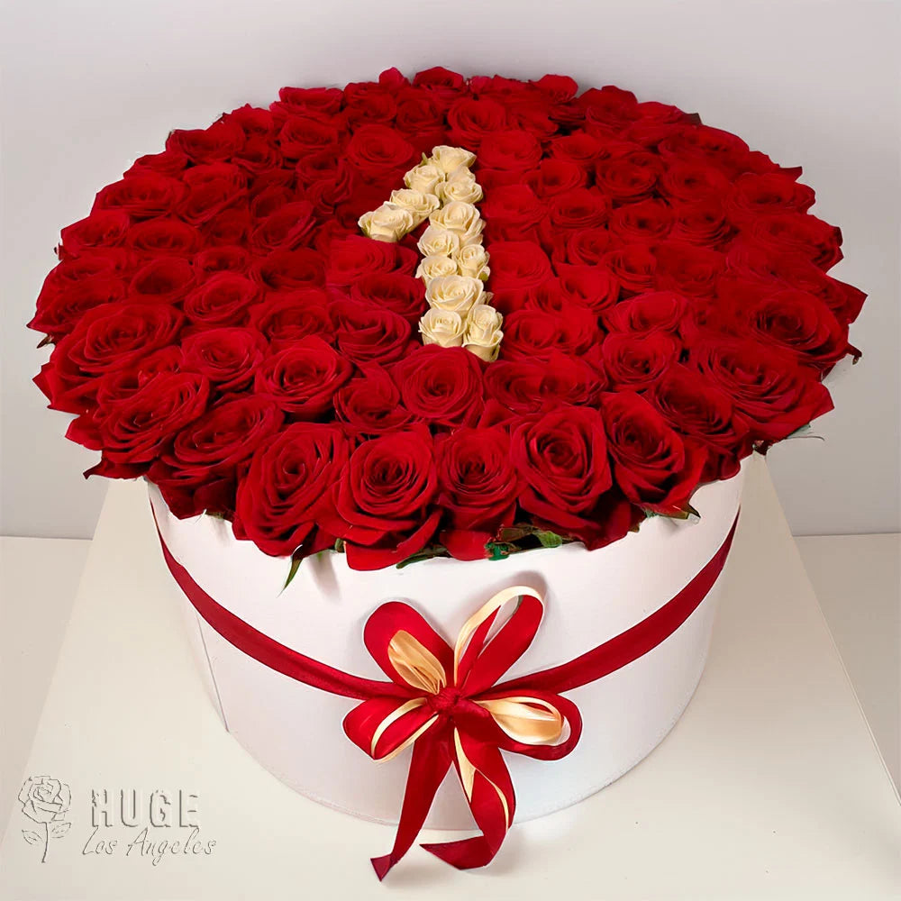 100 Red Roses in Hatbox "Passion's Flame"