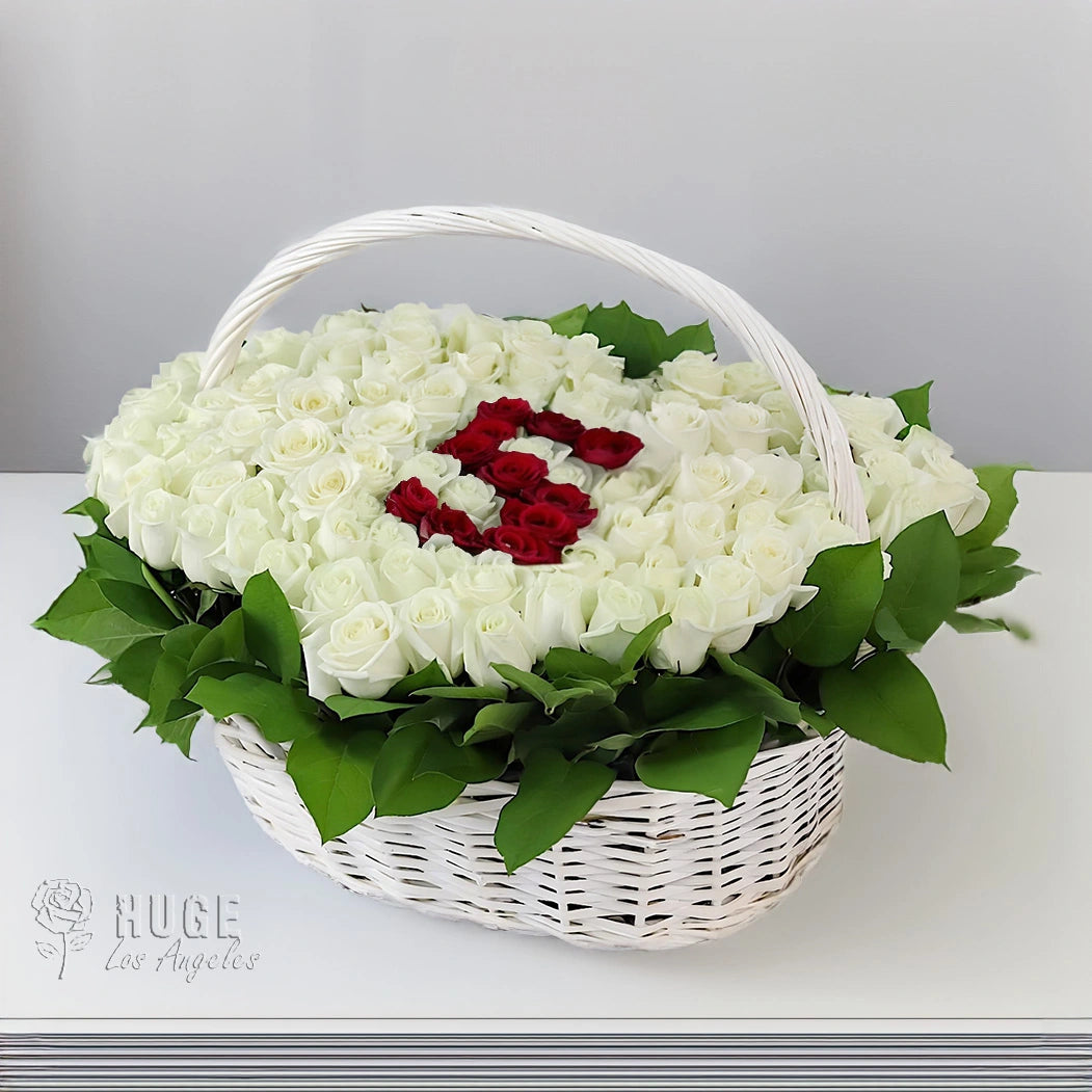 100 White Roses in Wicker Basket | Elegant Gift