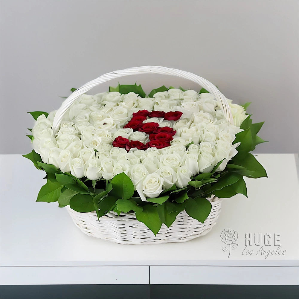 100 White Roses in Wicker Basket | Elegant Gift