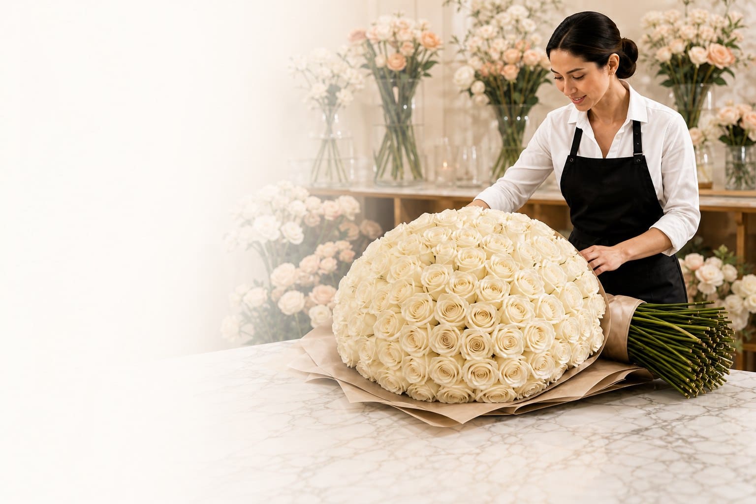 A florist arranging an oversized ivory rose bouquet in a studio