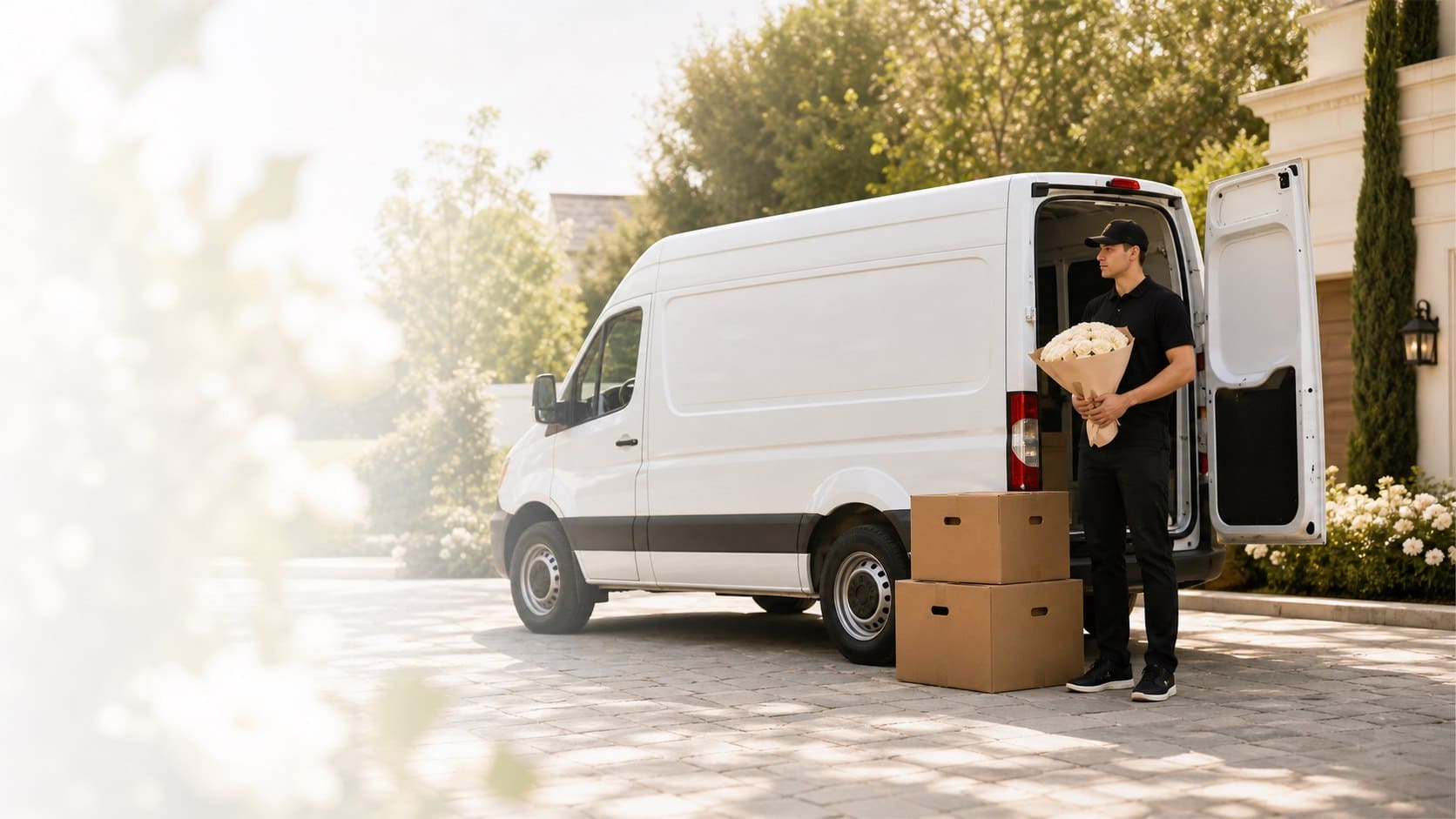 A courier preparing an ivory rose bouquet beside a white delivery van