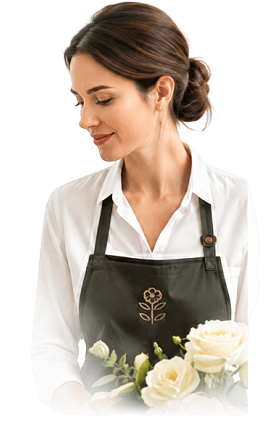 Our florist holding a bouquet of white roses